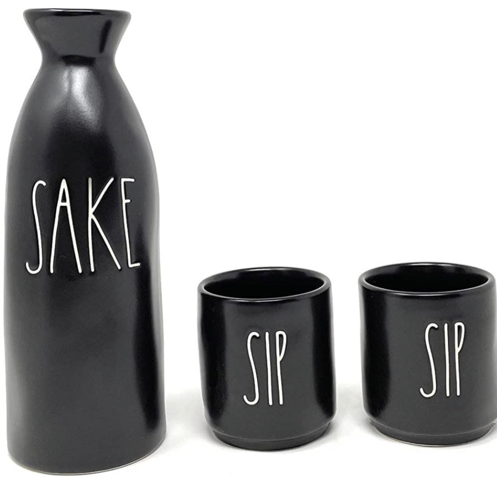 RAE Dunn SAKE Pitcher SIP Cups Matte Black Ceramic Set NIB